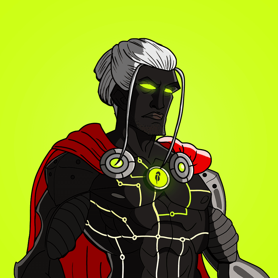 Pale-eyed Titan with white hair, a red cape, and cybernetic collar rings framing a glowing chest core