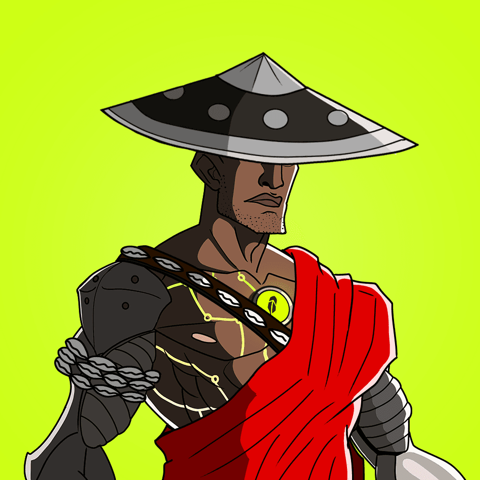 Titan in a wide conical hat with a rope-bound cybernetic arm and draped red cloth