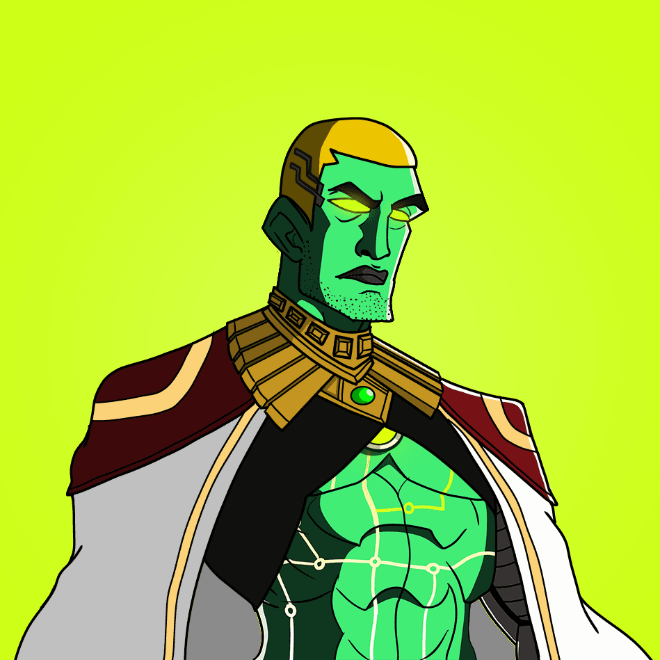 Green-skinned Titan with a golden hair streak and an ornate gold pharaoh-style collar