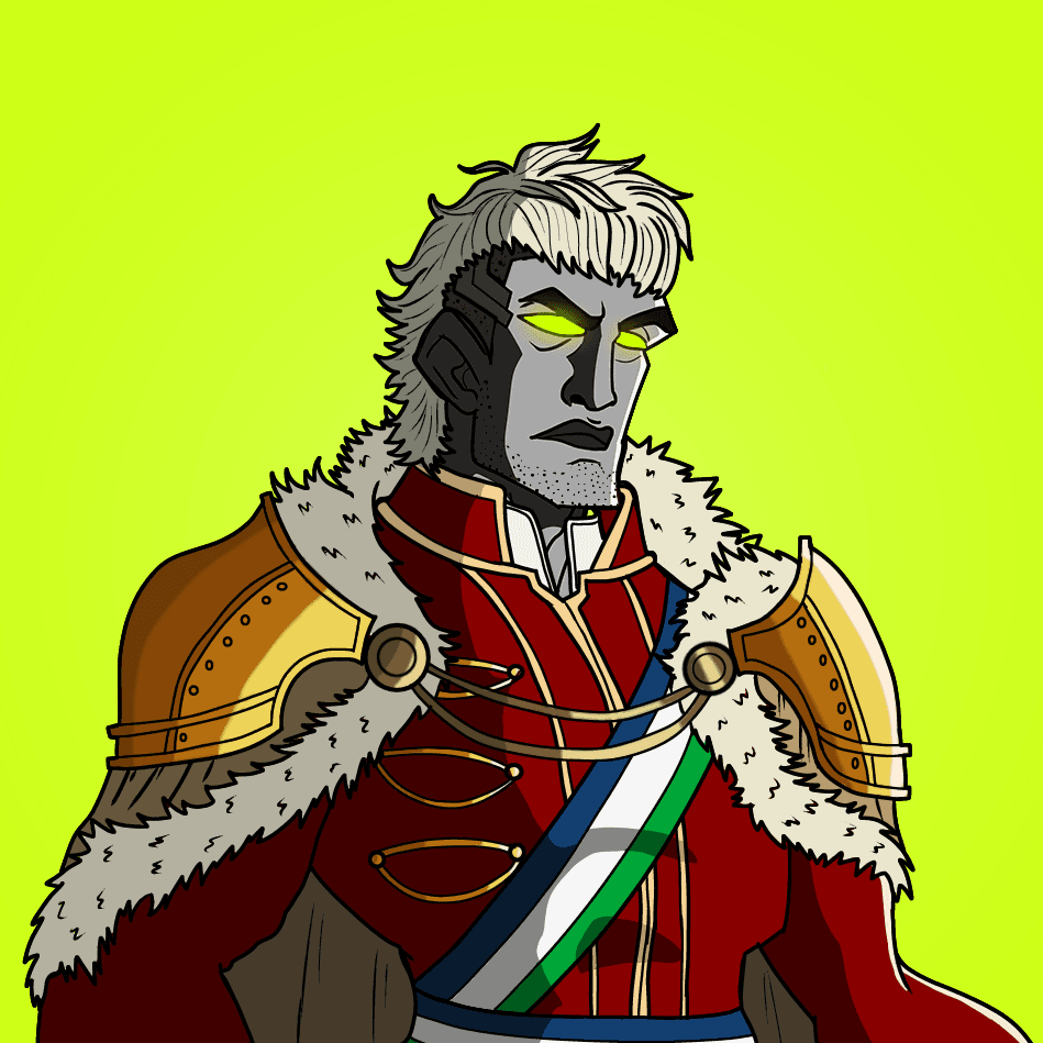 Titan general in a fur-trimmed red coat with gold epaulettes and a ceremonial sash