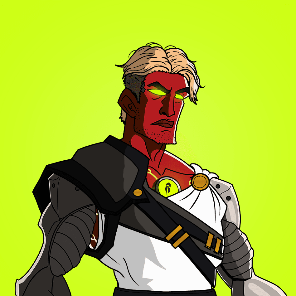 Red-skinned Titan with blond hair and black cybernetic shoulder armor over a white toga