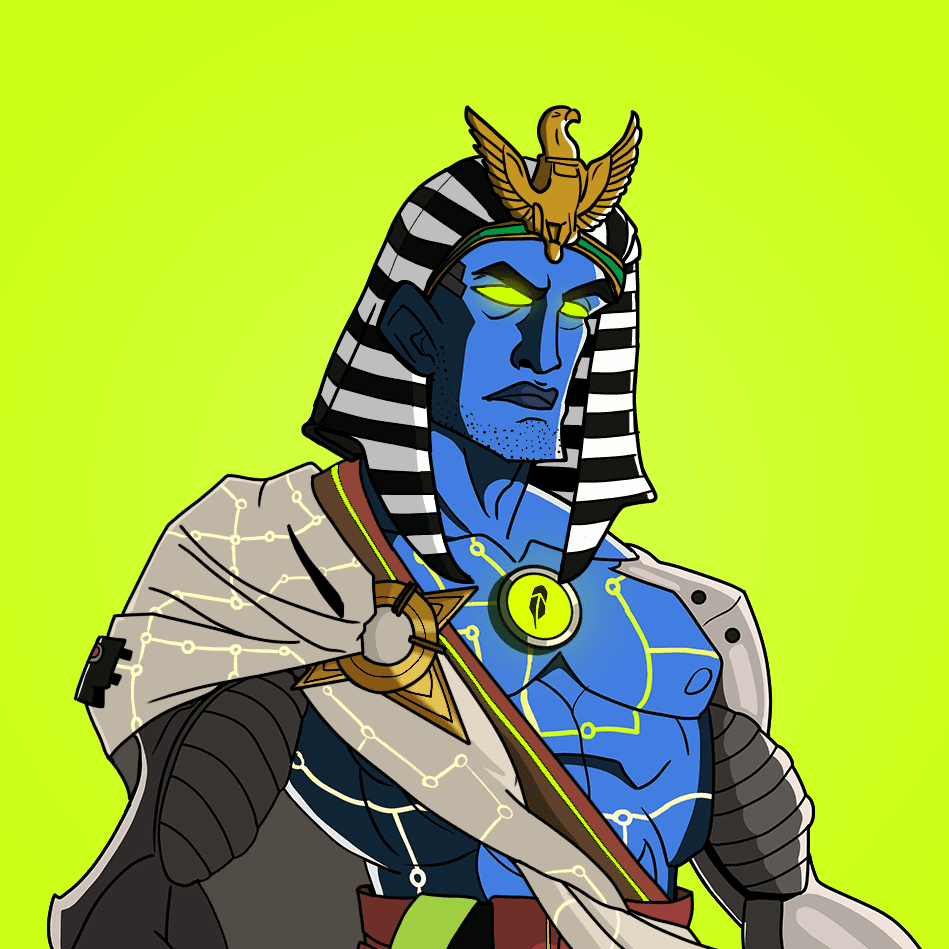 Blue-skinned Titan pharaoh in a striped nemes headdress topped with a golden falcon